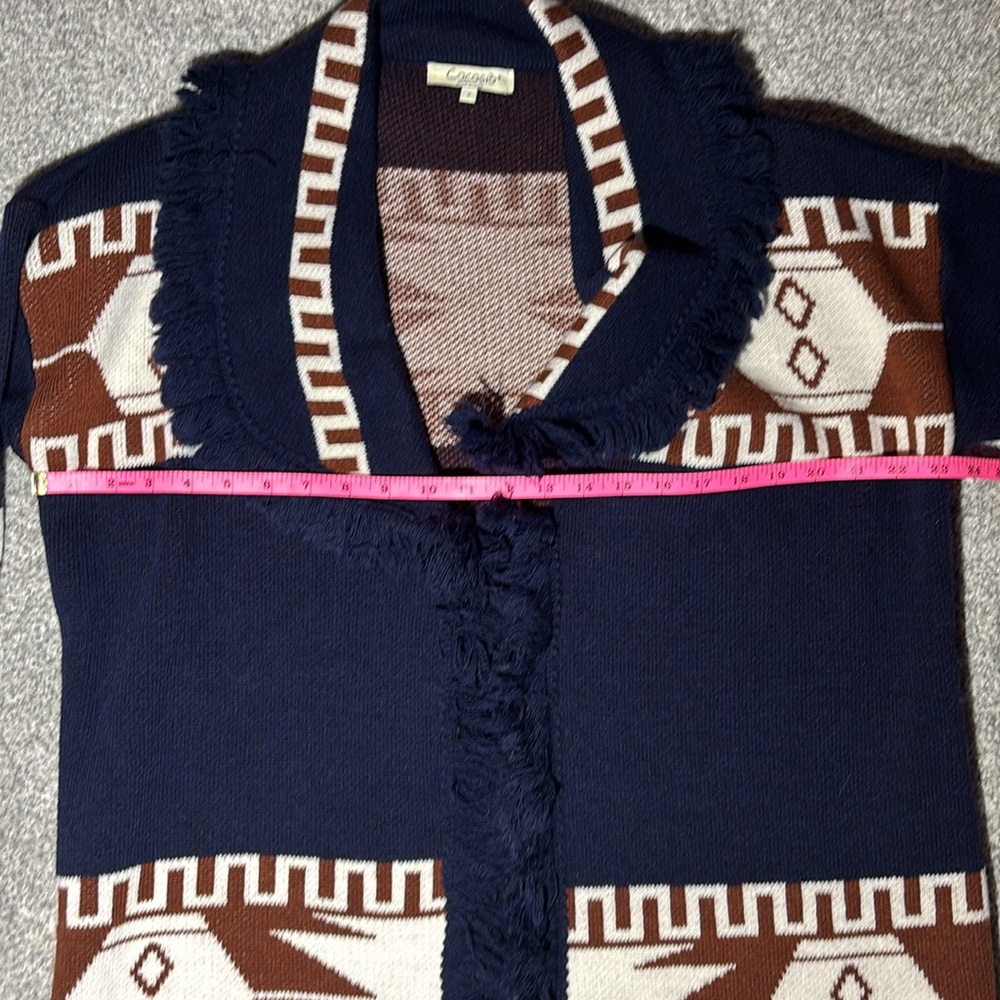 Cocogio sweater chunky open frontItalian wool cardigan fringe navy Aztec small - Picture 12 of 12